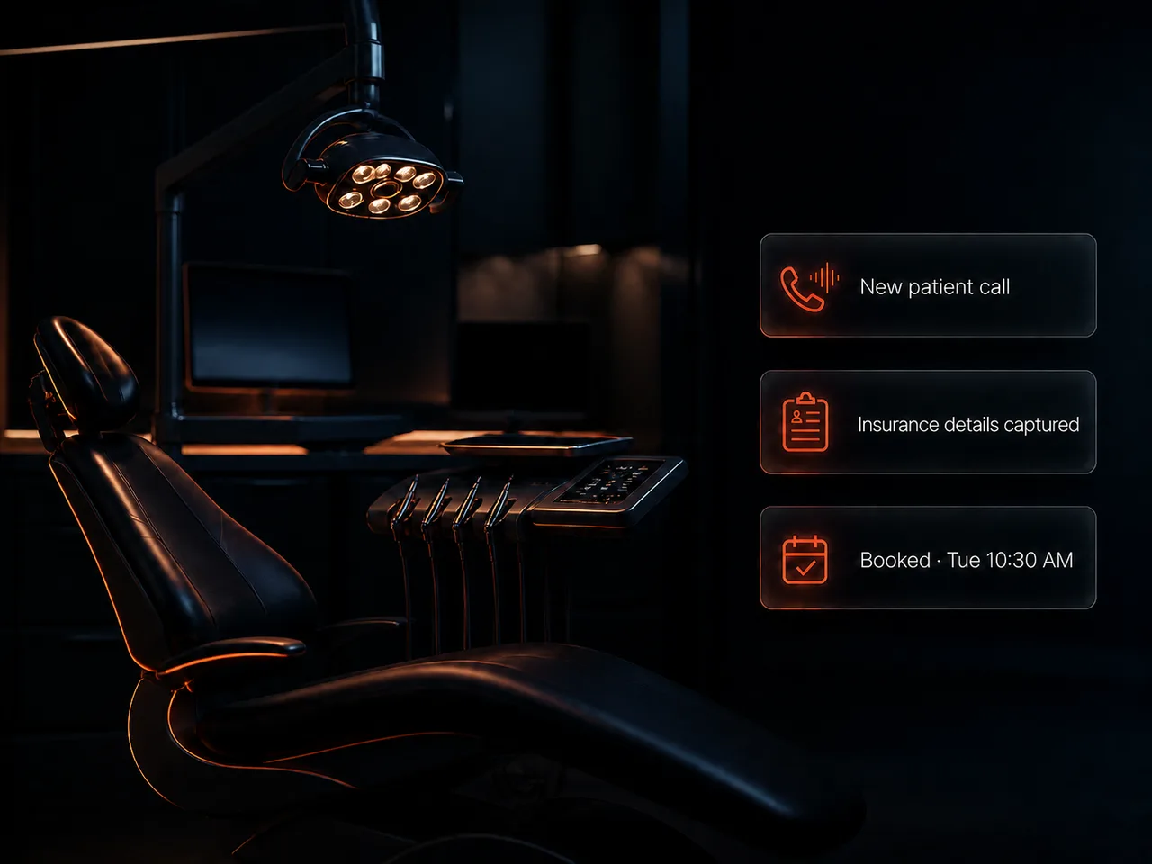 A dental operatory at night while the AI receptionist logs a new patient call, captures insurance details and books the appointment