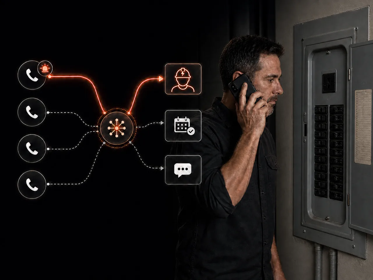 An electrician taking a call at a breaker panel while incoming calls are routed to an on-call technician, booking and follow-up