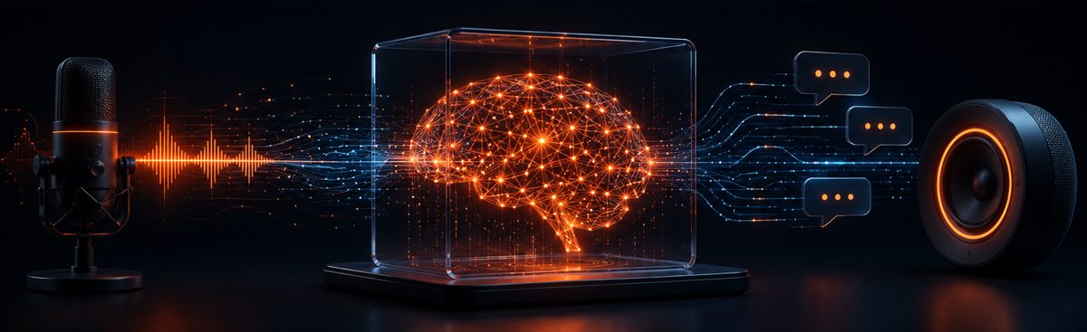 An AI receptionist visualized: a microphone feeds a glowing neural network in a glass cube, which responds through a speaker with conversational replies