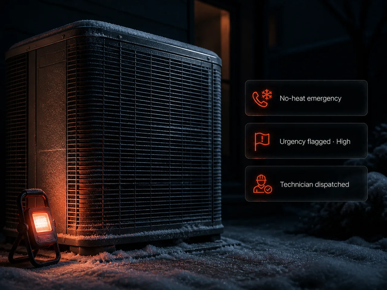 A frost-covered HVAC condenser unit at night while the AI receptionist logs a no-heat emergency, flags it high urgency and dispatches a technician