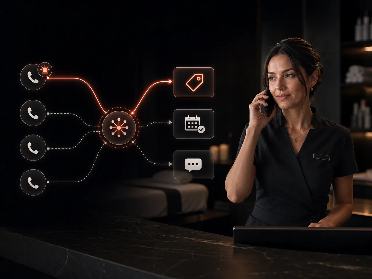 A med spa coordinator taking a call at reception while incoming calls are routed to pricing, booking and follow-up