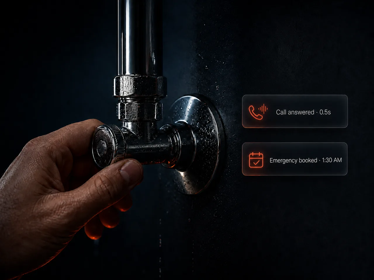 A plumber&rsquo;s hand closing a chrome shutoff valve while the AI receptionist confirms the call was answered and an emergency job booked at 1:30 a.m.