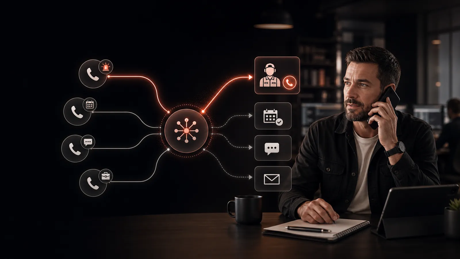 Service business owner taking a routed phone call as AI call routing directs incoming calls to scheduling, messaging, and email